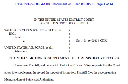 Safe Skies Asks Federal Court to Expand Record for Its Lawsuit Against EIS for F-35 Fighter Jets at Truax Field